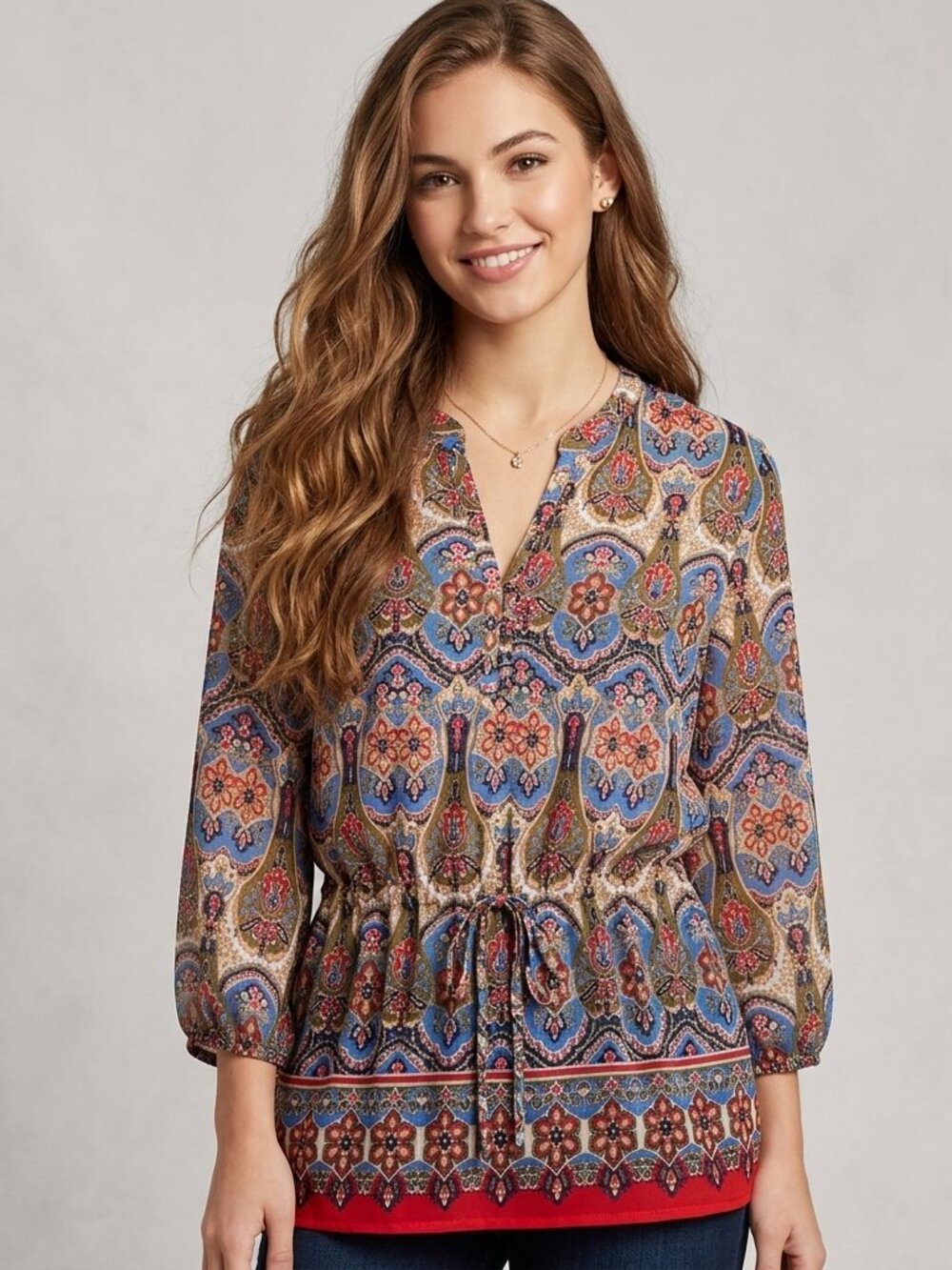Jones New York Sport Paisley Blouse Size Large Vibrant Floral Boho Drawstring